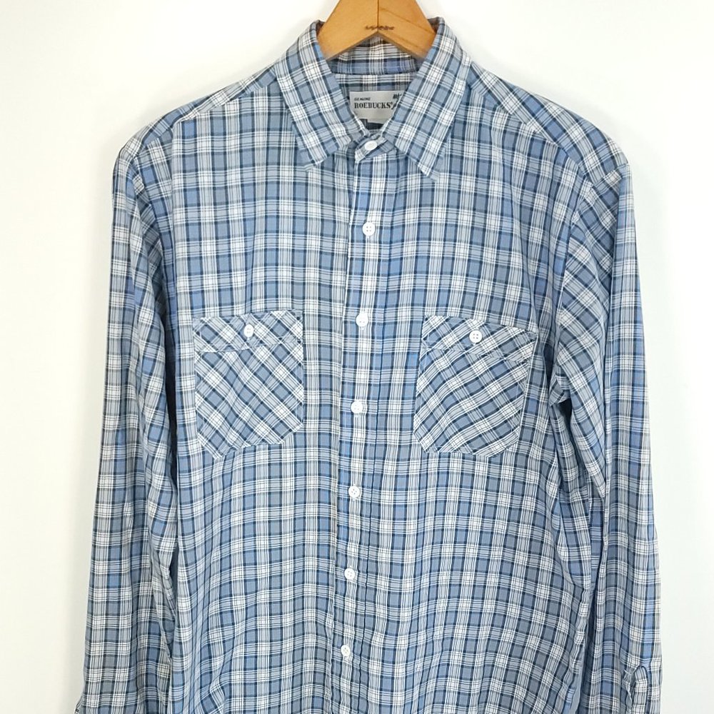 Vintage Sears Genuine Roebucks Shirt Men's Large Blue White Plaid Long Sleeve